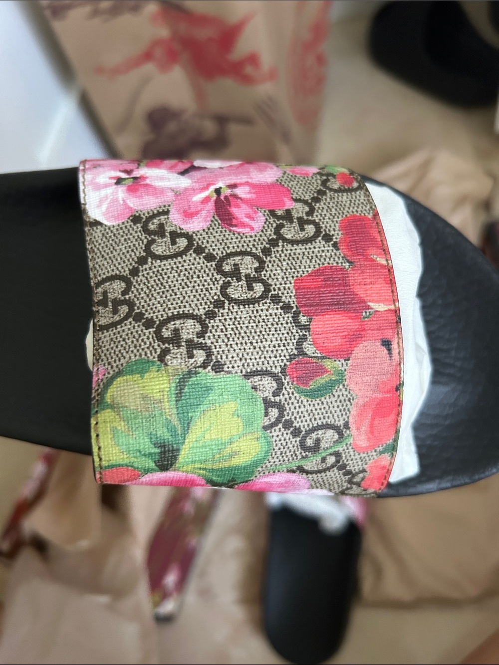 Gucci Black Footbed Floral Monogram Slide Sandals - Picture 4 of 5